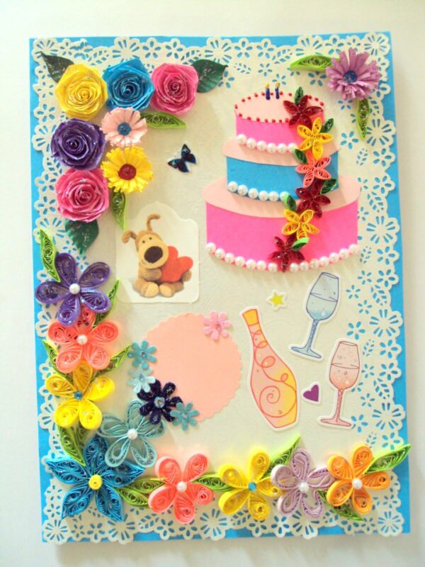 Multicolor Flowers & Cake Greeting Card image Multicolor Flowers & Cake Greeting Card image