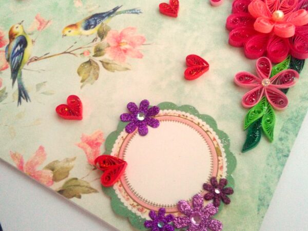 Beautiful Love Birds Quilled Flowers Greeting Card image Beautiful Love Birds Quilled Flowers Greeting Card image