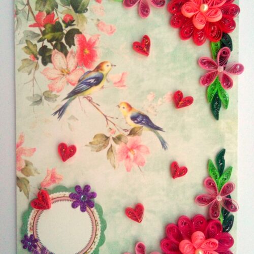 Beautiful Love Birds Quilled Flowers Greeting Card image