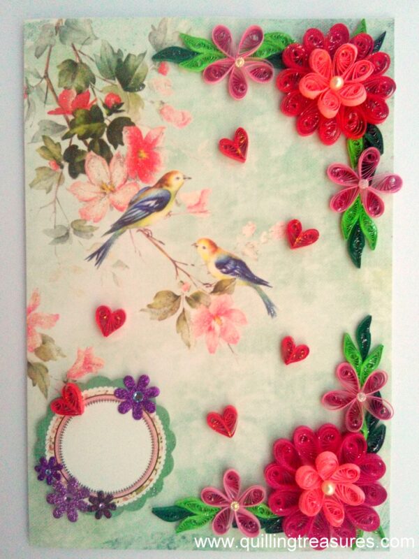 Beautiful Love Birds Quilled Flowers Greeting Card image Beautiful Love Birds Quilled Flowers Greeting Card image