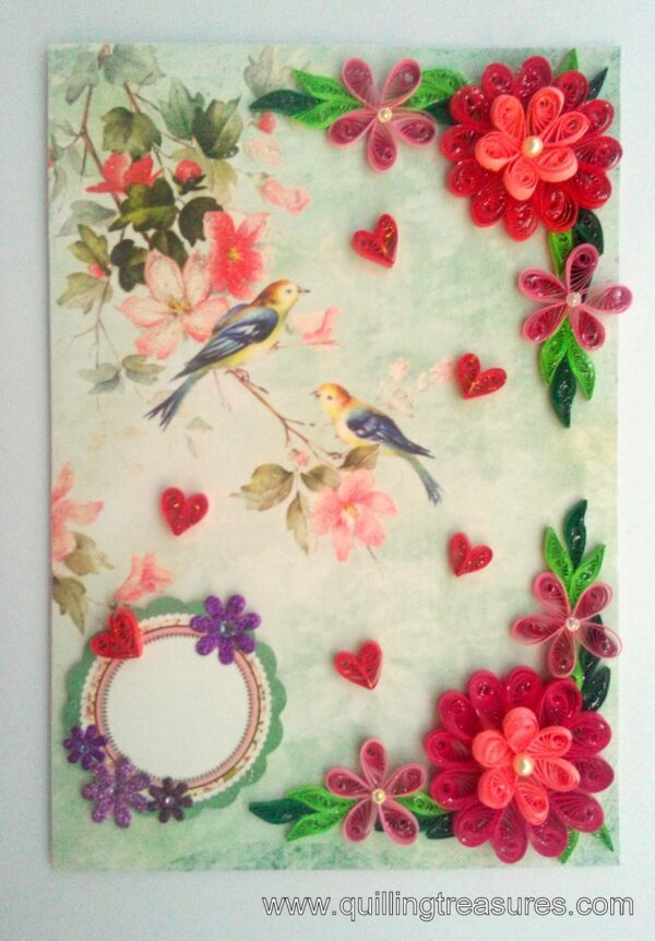 Beautiful Love Birds Quilled Flowers Greeting Card image Beautiful Love Birds Quilled Flowers Greeting Card image