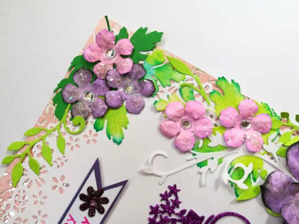 Purple Corner Flowers with Paper Lace Greeting Card image Purple Corner Flowers with Paper Lace Greeting Card image