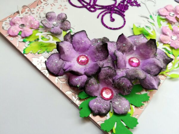 Purple Corner Flowers with Paper Lace Greeting Card image Purple Corner Flowers with Paper Lace Greeting Card image
