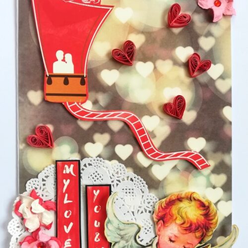 Hot air Balloon Handmade Flowers Mini Scrapbook Greeting Card image