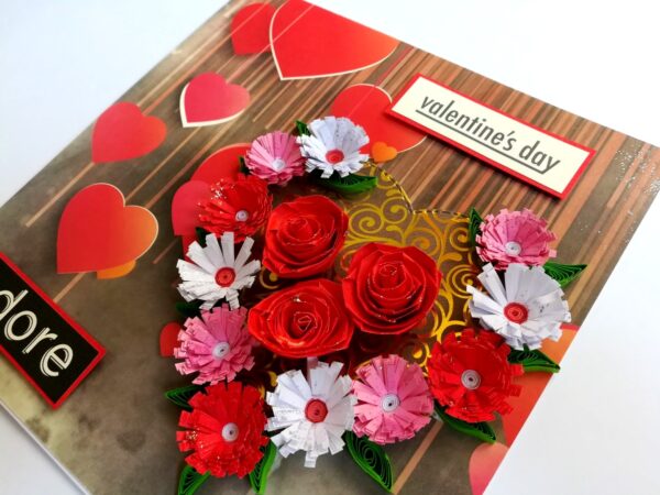 Quilled Red Theme Flowers in Heart Greeting Card image