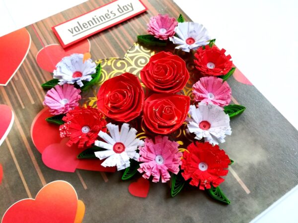 Quilled Red Theme Flowers in Heart Greeting Card image