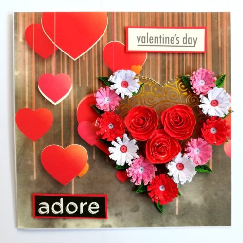 Quilled Red Theme Flowers in Heart Greeting Card image