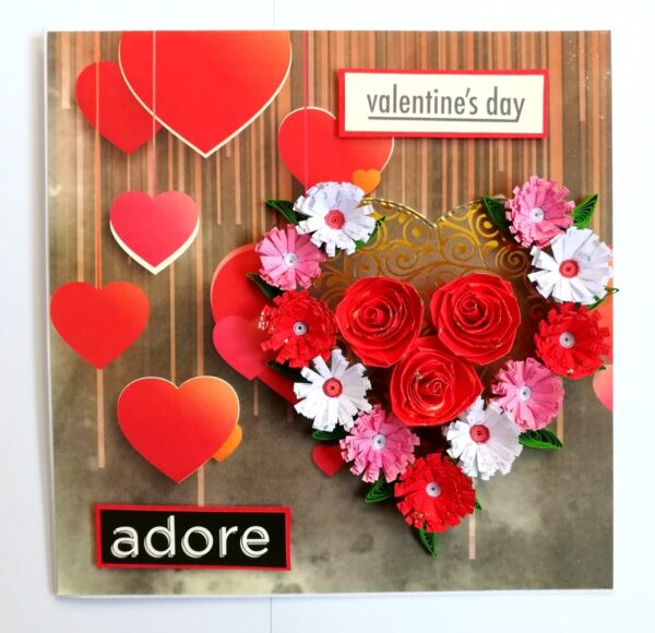 Quilled Red Theme Flowers in Heart Greeting Card image