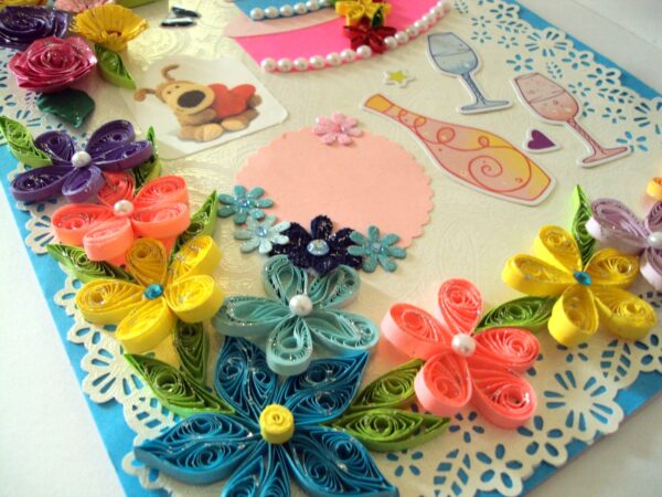 Multicolor Flowers & Cake Greeting Card image Multicolor Flowers & Cake Greeting Card image
