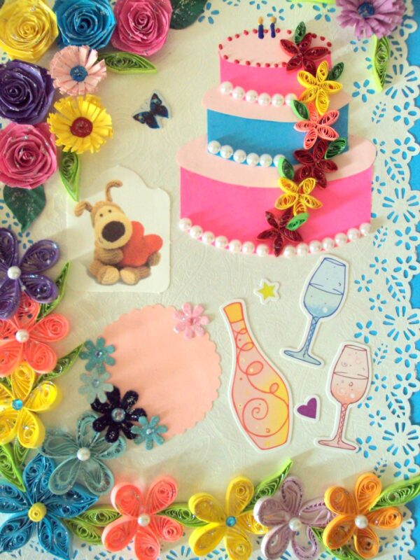 Multicolor Flowers & Cake Greeting Card image Multicolor Flowers & Cake Greeting Card image
