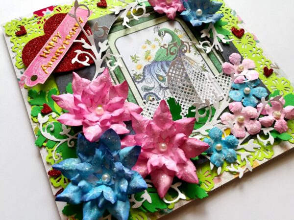 Pink and Blue Paper Flowers Anniversary Greeting Card image Pink and Blue Paper Flowers Anniversary Greeting Card image