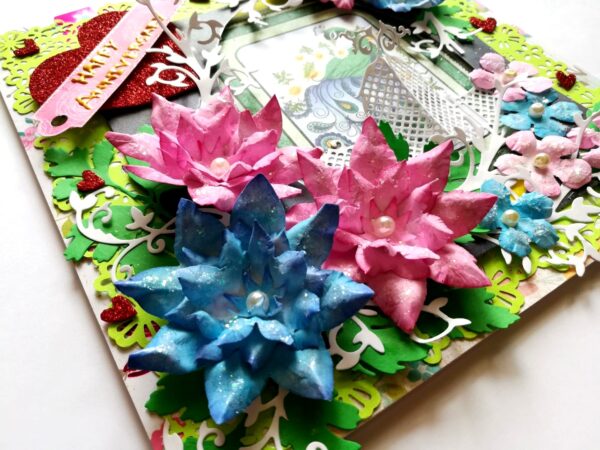 Pink and Blue Paper Flowers Anniversary Greeting Card image Pink and Blue Paper Flowers Anniversary Greeting Card image