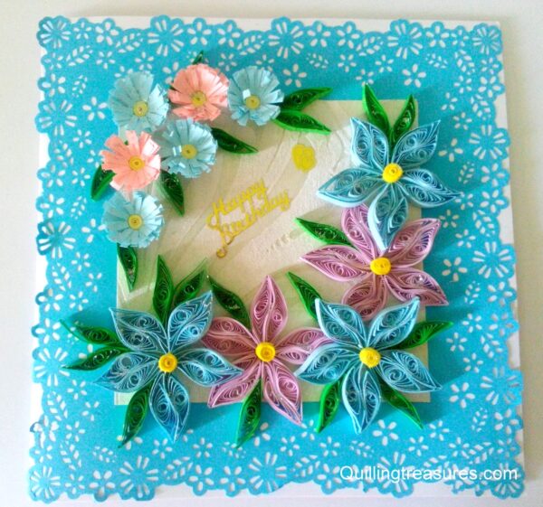 Sparkling Blue Lace and Themed Flowers Greeting Card image