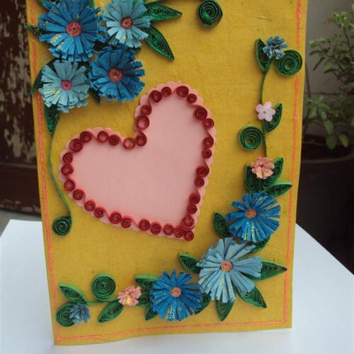 Blue Flowers In Yellow Base & Heart Greeting Card image Blue Flowers In Yellow Base & Heart Greeting Card image