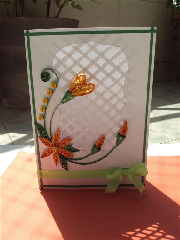 Beautiful Crossed Window With Orange Flowers Greeting Card image