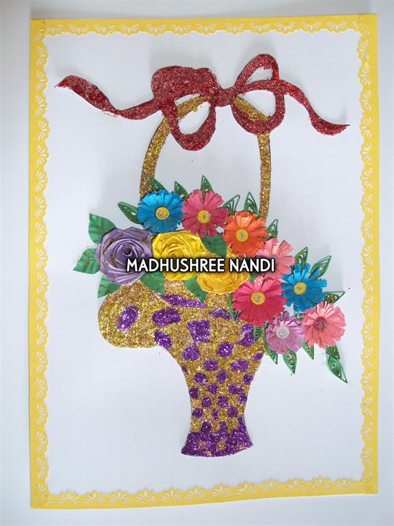 Special Glittery Flower Basket Gold & Purple Greeting Card image