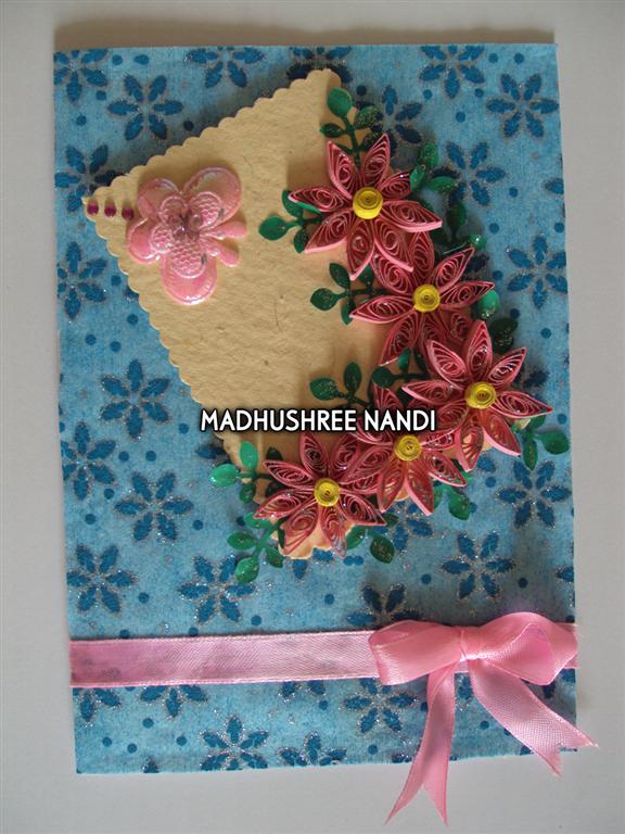 Printed Blue Base With Pink Flowers Greeting Card image Printed Blue Base With Pink Flowers Greeting Card image