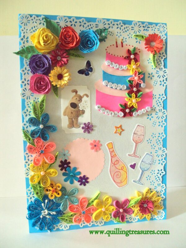 Multicolor Flowers and Cake Greeting Card image Multicolor Flowers and Cake Greeting Card image