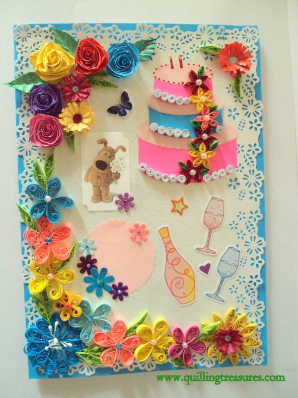 Multicolor Flowers and Cake Greeting Card image Multicolor Flowers and Cake Greeting Card image