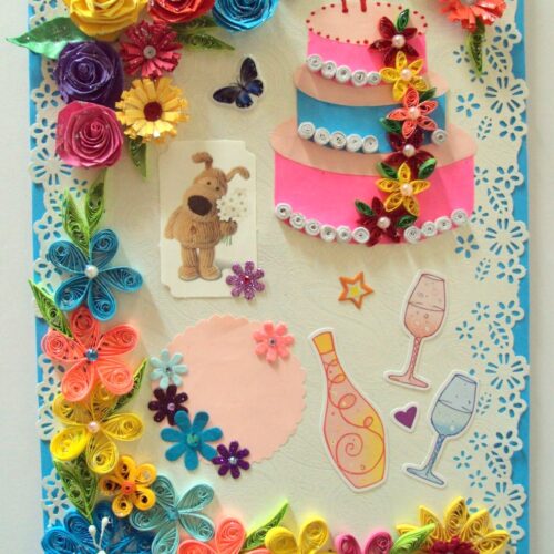Multicolor Flowers and Cake Greeting Card image