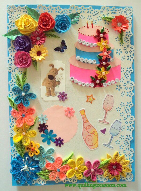 Multicolor Flowers and Cake Greeting Card image Multicolor Flowers and Cake Greeting Card image
