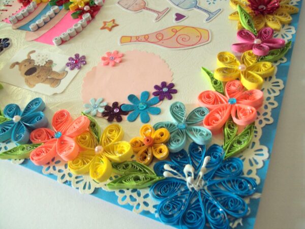 Multicolor Flowers and Cake Greeting Card image Multicolor Flowers and Cake Greeting Card image