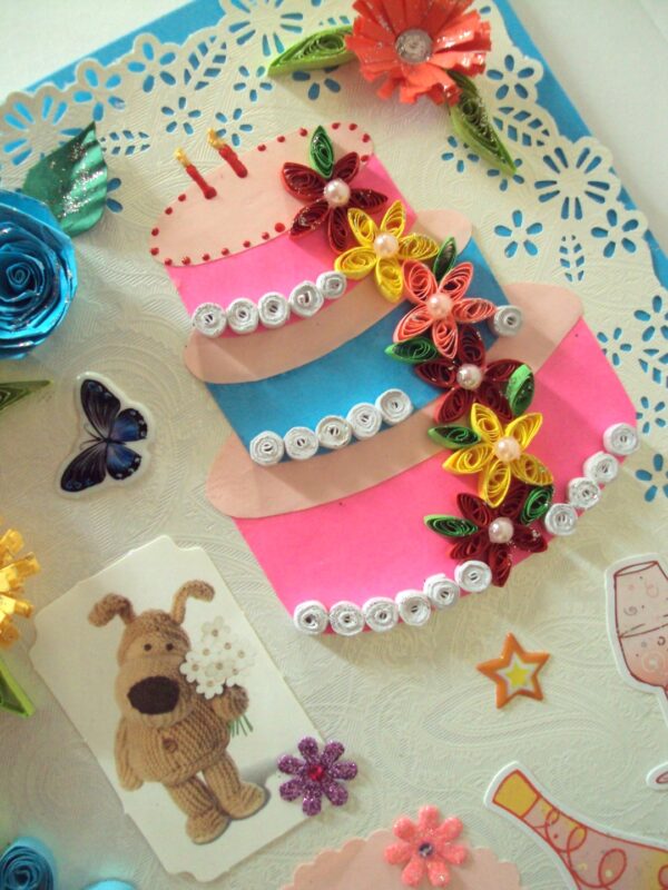 Multicolor Flowers and Cake Greeting Card image Multicolor Flowers and Cake Greeting Card image