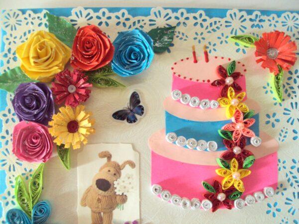 Multicolor Flowers and Cake Greeting Card image Multicolor Flowers and Cake Greeting Card image
