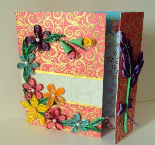 Multicolor Flowers Mini Scrapbook Greeting Card on Red Base image Multicolor Flowers Mini Scrapbook Greeting Card on Red Base image