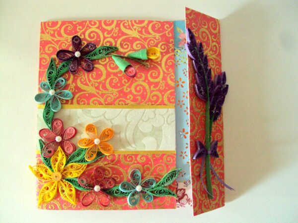 Multicolor Flowers Mini Scrapbook Greeting Card on Red Base image Multicolor Flowers Mini Scrapbook Greeting Card on Red Base image