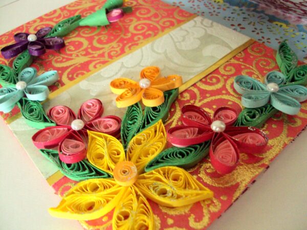 Multicolor Flowers Mini Scrapbook Greeting Card on Red Base image Multicolor Flowers Mini Scrapbook Greeting Card on Red Base image