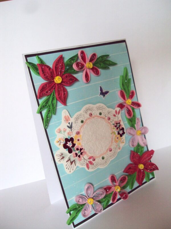 Blue and Pink Quilled Flowers Greeting Card image