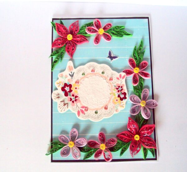 Blue and Pink Quilled Flowers Greeting Card image