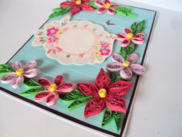 Blue and Pink Quilled Flowers Greeting Card image
