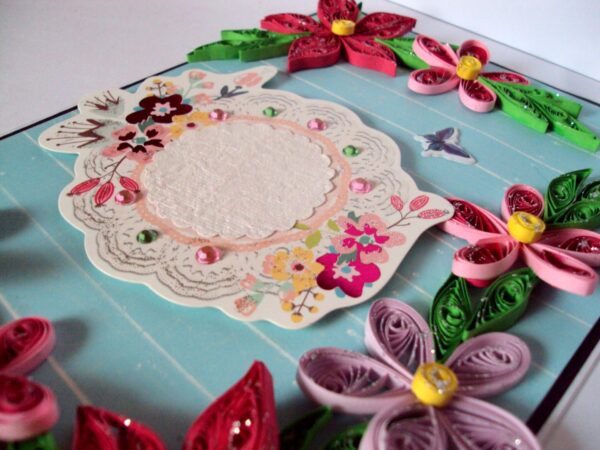 Blue and Pink Quilled Flowers Greeting Card image