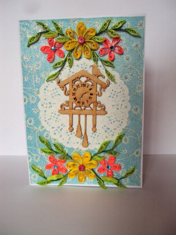 Fancy Cuckoo Bird Clock With Quilled Flowers Card image Fancy Cuckoo Bird Clock With Quilled Flowers Card image