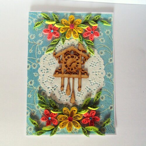 Fancy Cuckoo Bird Clock With Quilled Flowers Card image