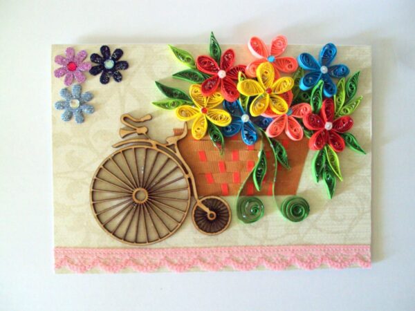 Multicolor Bicycle Flower Basket Quilled Greeting Card image Multicolor Bicycle Flower Basket Quilled Greeting Card image