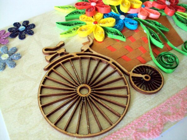 Multicolor Bicycle Flower Basket Quilled Greeting Card image Multicolor Bicycle Flower Basket Quilled Greeting Card image