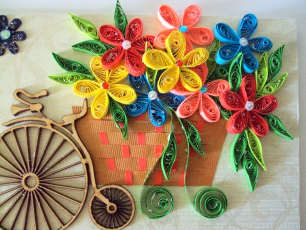 Multicolor Bicycle Flower Basket Quilled Greeting Card image Multicolor Bicycle Flower Basket Quilled Greeting Card image