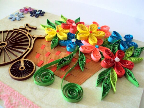 Multicolor Bicycle Flower Basket Quilled Greeting Card image Multicolor Bicycle Flower Basket Quilled Greeting Card image