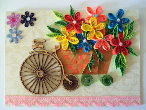 Multicolor Bicycle Flower Basket Quilled Greeting Card image Multicolor Bicycle Flower Basket Quilled Greeting Card image