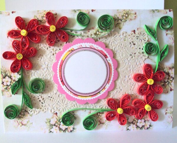 Red Quilled Flowers Corners Greeting Card image