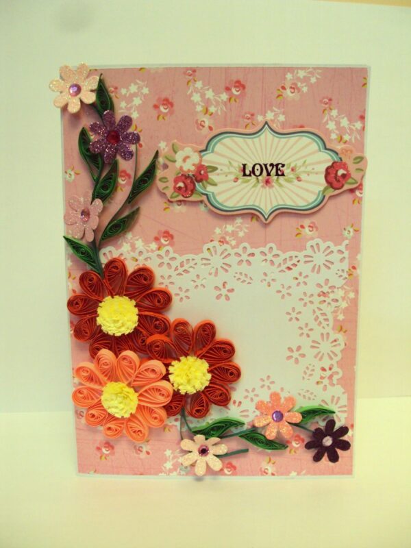 Red And Pink Quilled Flowers Love Greeting Card image