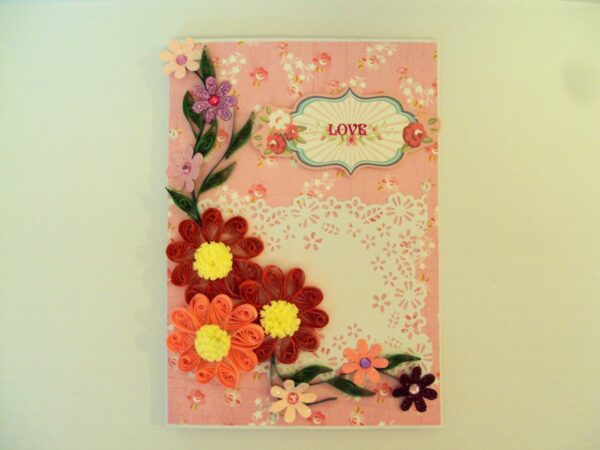 Red And Pink Quilled Flowers Love Greeting Card image