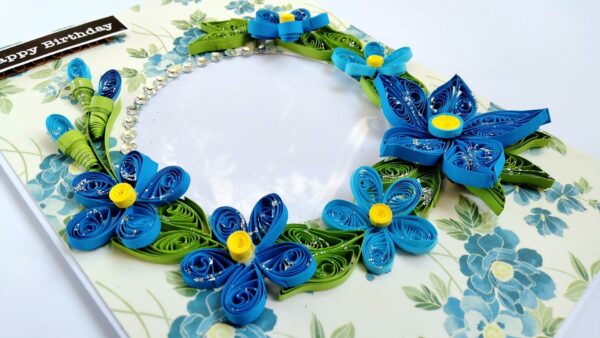 Sparkling Blue Quilled Flowers Birthday card