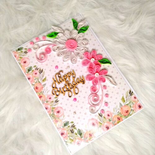 Sparkling Quilled Assorted Flowers Card - White