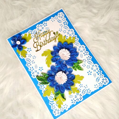 Sparkling Blue Quilled Flowers Birthday card