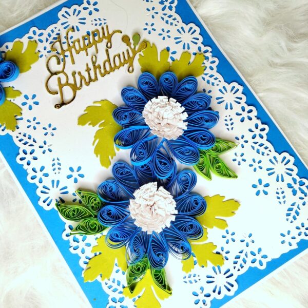 Sparkling Blue Quilled Flowers Birthday card