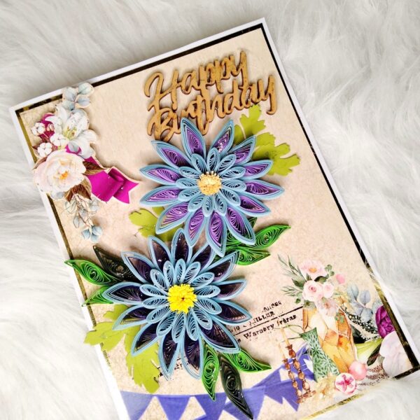 Sparkling Blue Quilled Flowers Birthday card